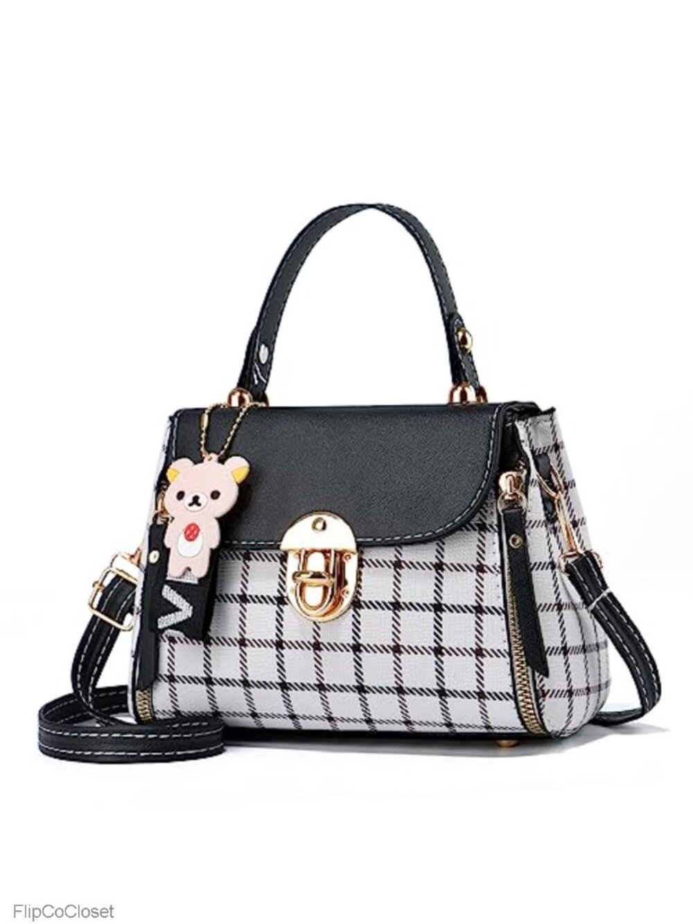 Women's Plaid Satchel Small Crossbody & Shoulder Bag with Bear Pendant
